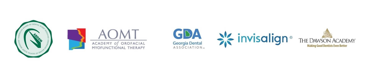 Row of logos including Academy of Orofacial Myofunctional Therapy, Georgia Dental Association, Invisalign, The Dawson Academy - Making Good Dentists Even Better, and American Board of Dental Sleep Medicine