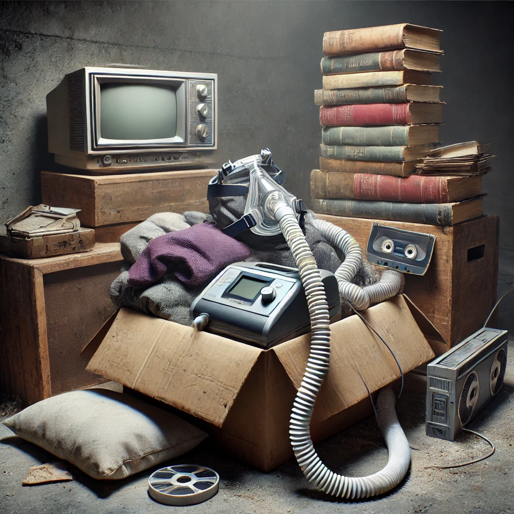 Unused CPAP machine with other abandoned items in a pile of stuff in the basement